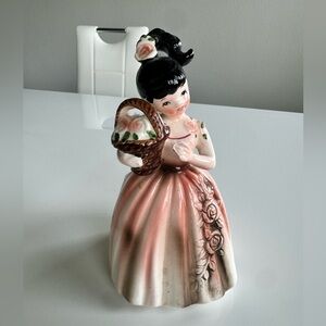 Vintage Enesco Dark Haired Girl Holding Basket Of Flowers Porcelain Planter